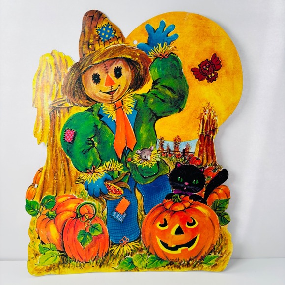 Eureka Other - Vintage 1970's Die Cut‎ Halloween Decoration Scarecrow Moon Cat Jack-O-Lantern